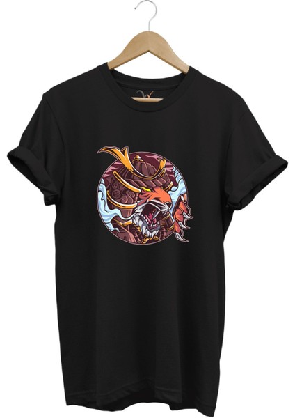 Streetwear Savaşçı Japon Kaplan Baskılı Şık Tasarımlı %100 Pamuk Bisiklet Yaka T-Shirt