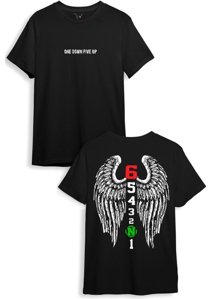 Motorcu Motorsiklet Tasarım Baskılı Sırt Kanat Detaylı One Down Five Up 1N23456 Regular Fit T-Shirt