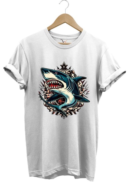 Köpek Balığı Baskılı Deniz Kum Güneş Shark Baskılı Regular Fit %100 Pamuk Tişört