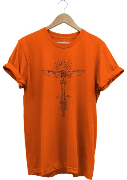 Motorcu Kanat ve Iskelet Çizgisel Tasarım Baskılı %100 Pamuk Regular Fit Premium T-Shirt