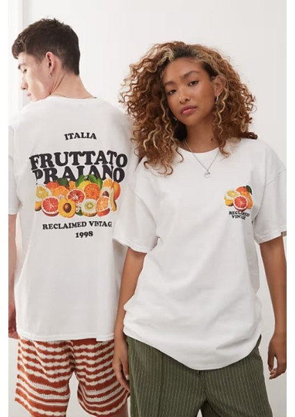Unisex %100 Pamuk Oversize Fruttato Praiano Meyve Baskılı Beyaz Tişört Yazlık Vintage Stil