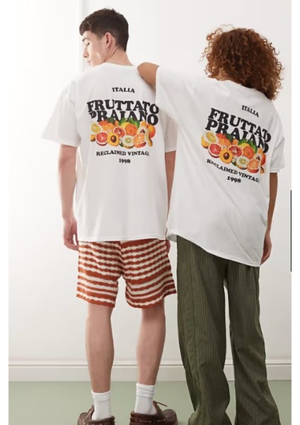 Unisex %100 Pamuk Oversize Fruttato Praiano Meyve Baskılı Beyaz Tişört Yazlık Vintage Stil fiyatları