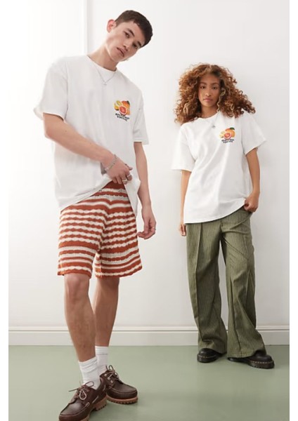 Unisex %100 Pamuk Oversize Fruttato Praiano Meyve Baskılı Beyaz Tişört Yazlık Vintage Stil fırsatları