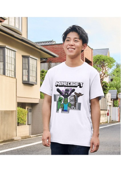 Mınecraft Çocuk Yetişkin Beyaz T-Shirt Unisex Çocuk Tişört fiyatları