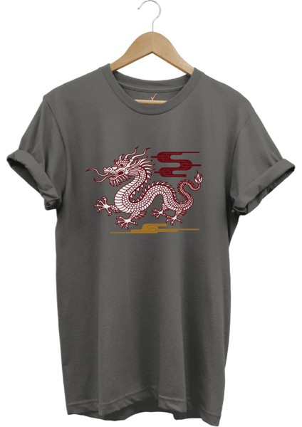 Mitolojik Asya Çin Ejderha Baskılı %100 Pamuk Regular Fit Bisiklet Yaka T-Shirt