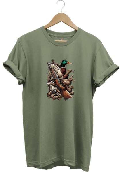 Hunting Avcılık Baskılı Ördek Avı ve Tüfek Baskılı %100 Pamuk Regular Fit Bisiklet Yaka T-Shirt