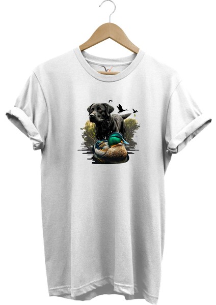 Avcılık Widi Hunting Ördek Avı ve Avcı Köpeği Baskılı %100 Pamuk Regular Fit Bisiklet Yaka T-Shirt