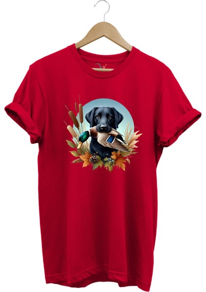 Avcılık Widi Hunting Ördek Avı ve Av Köpeği Baskılı %100 Pamuk Regular Fit Bisiklet Yaka T-Shirt
