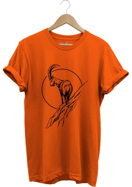 Avcılık Dağ Keçisi Baskılı %100 Pamuk Regular Fit Bisiklet Yaka T-Shirt