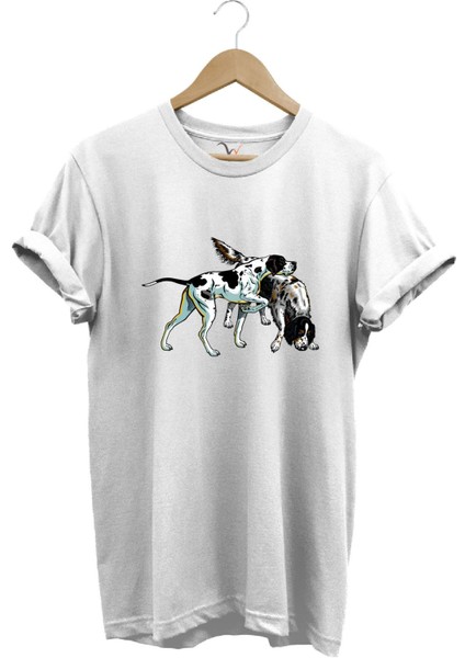 Avcılık Hunting Renkli Pointer Setter Köpekleri Baskılı %100 Pamuk Regular Fit Bisiklet Yaka T-Shirt