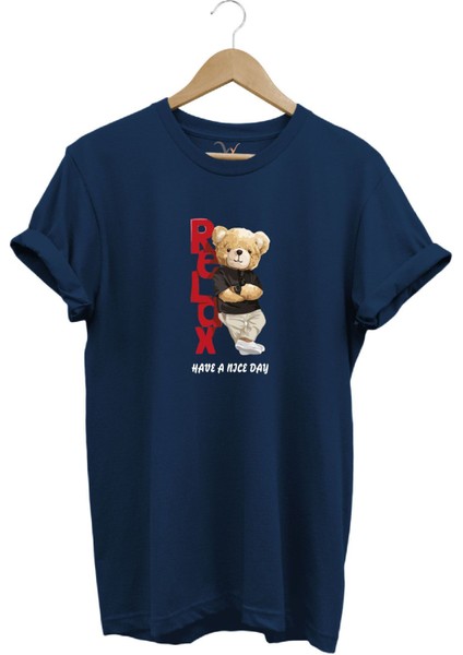Sevimli Ayıcık Relax Ayı Tasarım Şık Baskılı %100 Pamuk Regular Fit Bisiklet Yaka T-Shirt