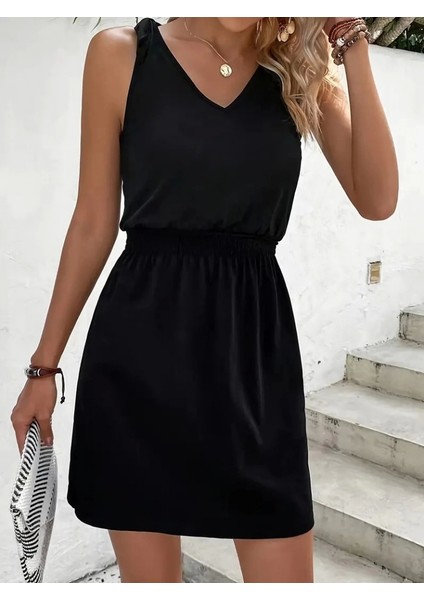 Kadın V Yakalı Belinde Gipe Detay Krep Elbise modelleri