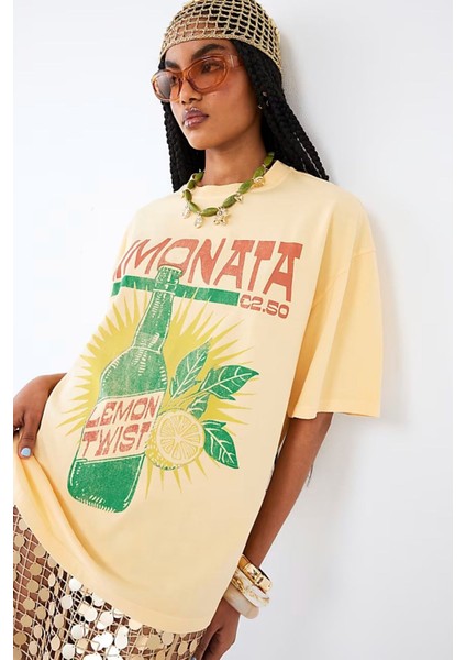 Vintage Limonata Baskılı Unisex Sarı Tişört %100 Pamuk Oversize Kesim modelleri
