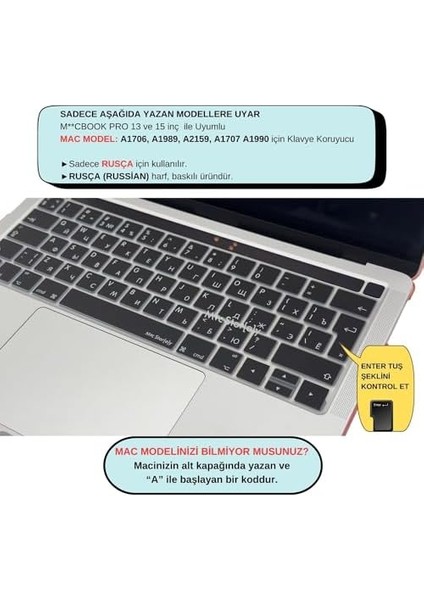 Rusça Klavye Macbook Pro Kılıf A1706 A1989 A2159 A1707 A1990 ile Uyumlu Koruyucu Siyah