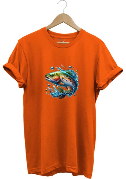 Fishing Avcılık Alabalık Balıkçılığı Baskılı %100 Pamuk Regular Fit Bisiklet Yaka T-Shirt