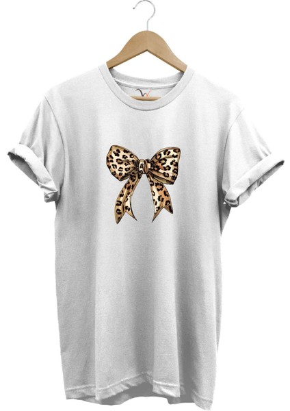 Leopar Desenli Toka Kurdele Baskılı %100 Pamuk Regular Fit Bisiklet Yaka T-Shirt