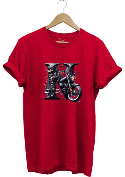 N Harfi Baskılı Motosiklet Kuru Kafa %100 Pamuk Regular Fit Bisiklet Yaka T-Shirt