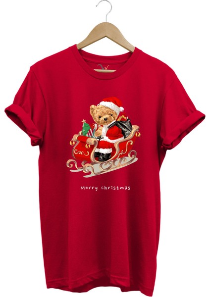 Christmas Baskılı Sevimli Ayıcık Yılbaşı Noel %100 Pamuk Regular Fit Bisiklet Yaka T-Shirt