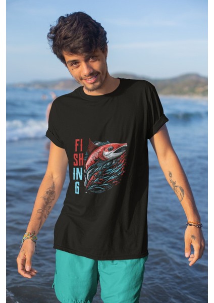 Fishing Balıkçılık Kırmızı Somon Balığı Baskılı %100 Pamuk Regular Fit T-Shirt