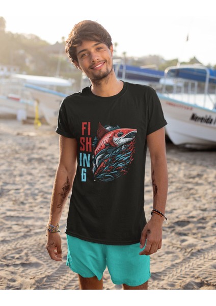 Fishing Balıkçılık Kırmızı Somon Balığı Baskılı %100 Pamuk Regular Fit T-Shirt fiyatları