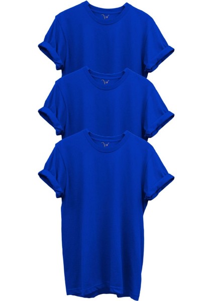 3'lü Saks Mavi %100 Pamuk Regular Fit Bisiklet Yaka Premium T-Shirt