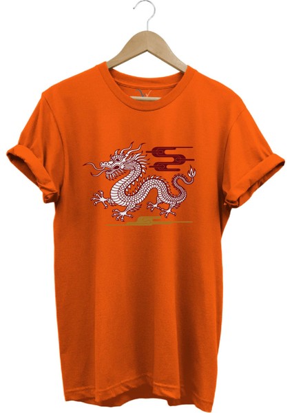 Mitolojik Asya Çin Ejderha Baskılı %100 Pamuk Regular Fit Bisiklet Yaka T-Shirt