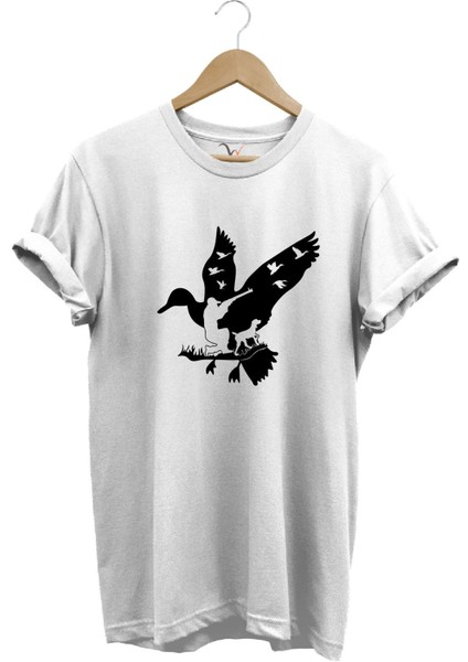 Avcılık Hunting Ördek Avı Köpek ve Avcı Baskılı %100 Pamuk Regular Fit T-Shirt