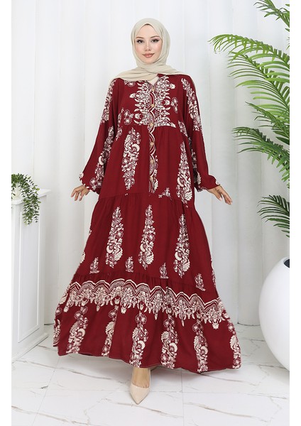 Viskon Kumaş Yarım Düğmeli Elbise 0106-01 Bordo