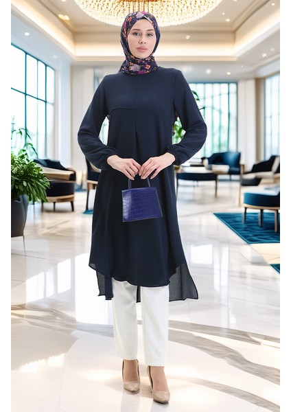 Çerçeve Detaylı Uzun Tunik 4105-07 Lacivert