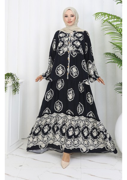 Viskon Kumaş Yarım Düğmeli Elbise 0109-01 Siyah