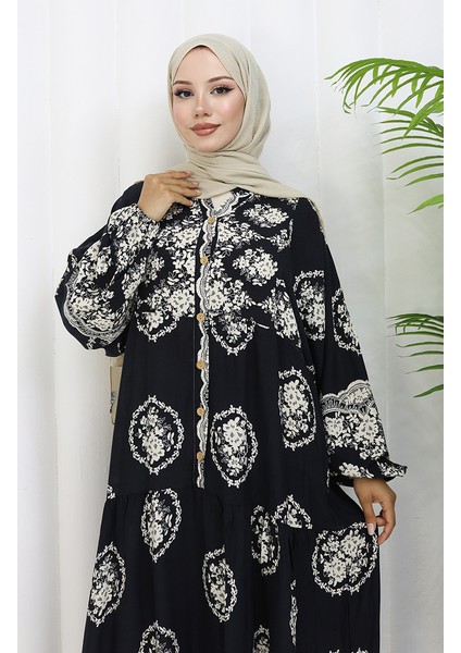 Viskon Kumaş Yarım Düğmeli Elbise 0109-01 Siyah modelleri