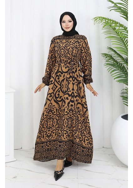 Desenli Kuşaklı Elbise 2091-07 Taba Siyah