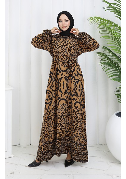 Desenli Kuşaklı Elbise 2091-07 Taba Siyah fiyatları