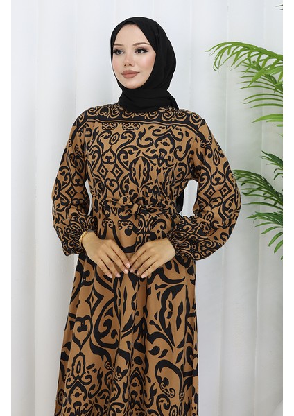 Desenli Kuşaklı Elbise 2091-07 Taba Siyah modelleri
