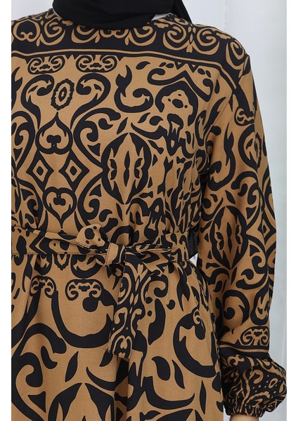 Desenli Kuşaklı Elbise 2091-07 Taba Siyah fırsatları