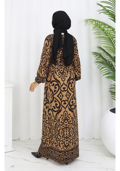 Desenli Kuşaklı Elbise 2091-07 Taba Siyah indirimleri