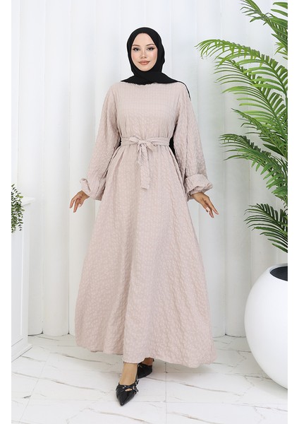 Gofre Kumaş Kuşaklı Elbise 2086-01 Vizon