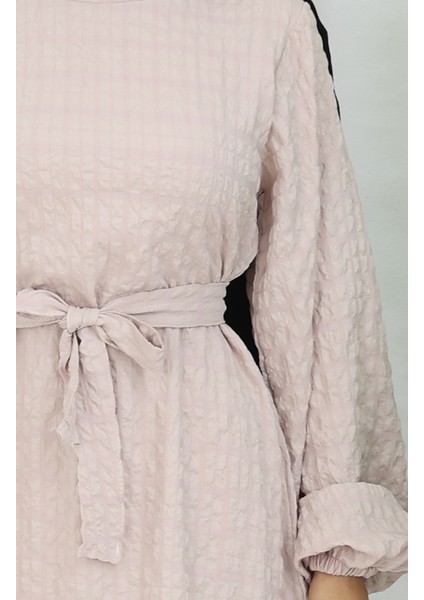 Gofre Kumaş Kuşaklı Elbise 2086-01 Vizon fırsatları