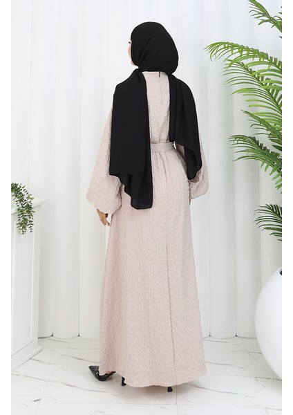 Gofre Kumaş Kuşaklı Elbise 2086-01 Vizon indirimleri