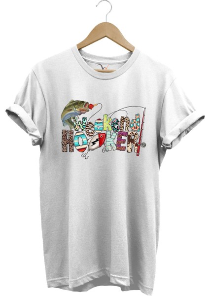Balıkçılık Wekeend Hooker Yazı Baskılı Balık ve Olta Takımı Desenli %100 Pamuk Regular Fit T-Shirt