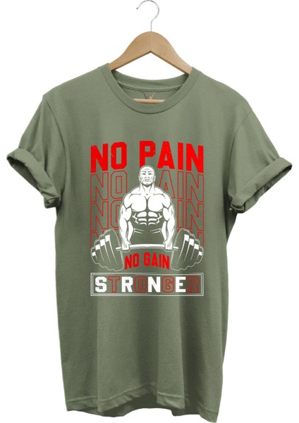Gym Sporcu Fitness No Pain No Gain Dumbell Tasarım Baskılı %100 Pamuk Regular Fit T-Shirt
