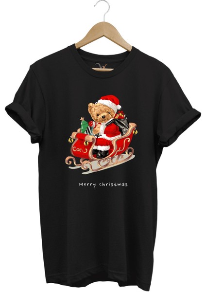 Christmas Baskılı Sevimli Ayıcık Yılbaşı Noel %100 Pamuk Regular Fit Bisiklet Yaka T-Shirt