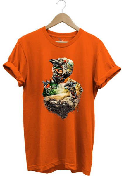 Bisiklet Dağ Tırmanışı Kask ve Bisiklet Orman Detay Tasarım Basklılı %100 Pamuk Regular Fit T-Shirt