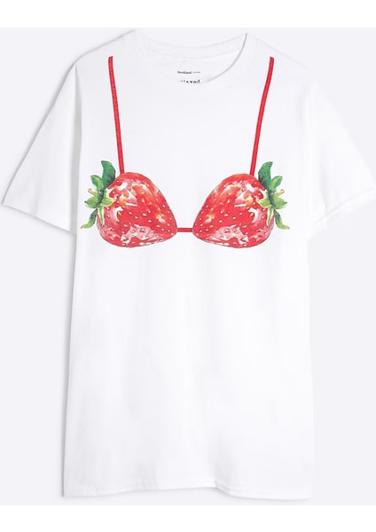 Eğlenceli Çilek Bikini Baskılı Beyaz Model %100 Pamuk Oversize Kadın Tişört modelleri