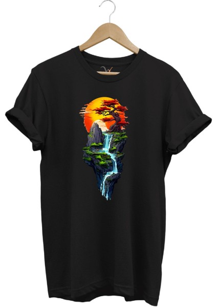 Manzara Ağaç Güneş Dağ ve Nehir Baskılı %100 Pamuk Regular Fit Bisiklet Yaka T-Shirt