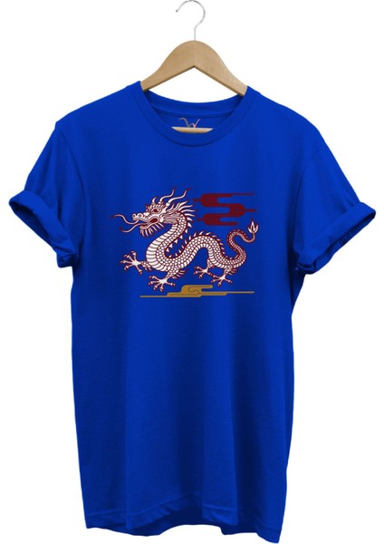 Mitolojik Asya Çin Ejderha Baskılı %100 Pamuk Regular Fit Bisiklet Yaka T-Shirt