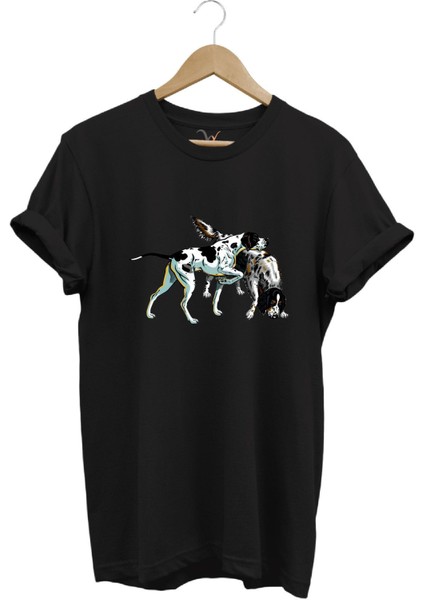 Avcılık Hunting Renkli Pointer Setter Köpekleri Baskılı %100 Pamuk Regular Fit Bisiklet Yaka T-Shirt