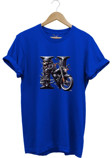 N Harfi Baskılı Motosiklet Kuru Kafa %100 Pamuk Regular Fit Bisiklet Yaka T-Shirt