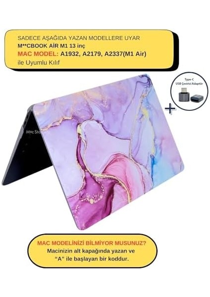 Macbook Air M1 Kılıf 13 Inç MARBLE15NL (Touchıd'li M1 Air) A2337 A2179 A1932 ile Uyumlu Açık Pembe modelleri