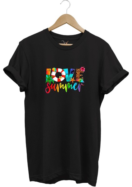 Yaz Love Summer Yazı Baskılı Deniz Sahil Kumsal Desenli %100 Pamuk Regular Fit Bisiklet Yaka T-Shirt